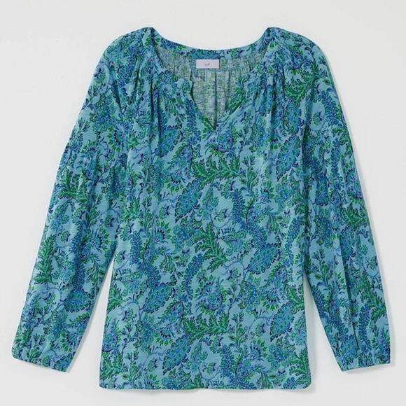 J.Jill $69 XL Blue Lagoon Teal Floral Printed Smocked Cotton Tencel Modal Top - Picture 9 of 11